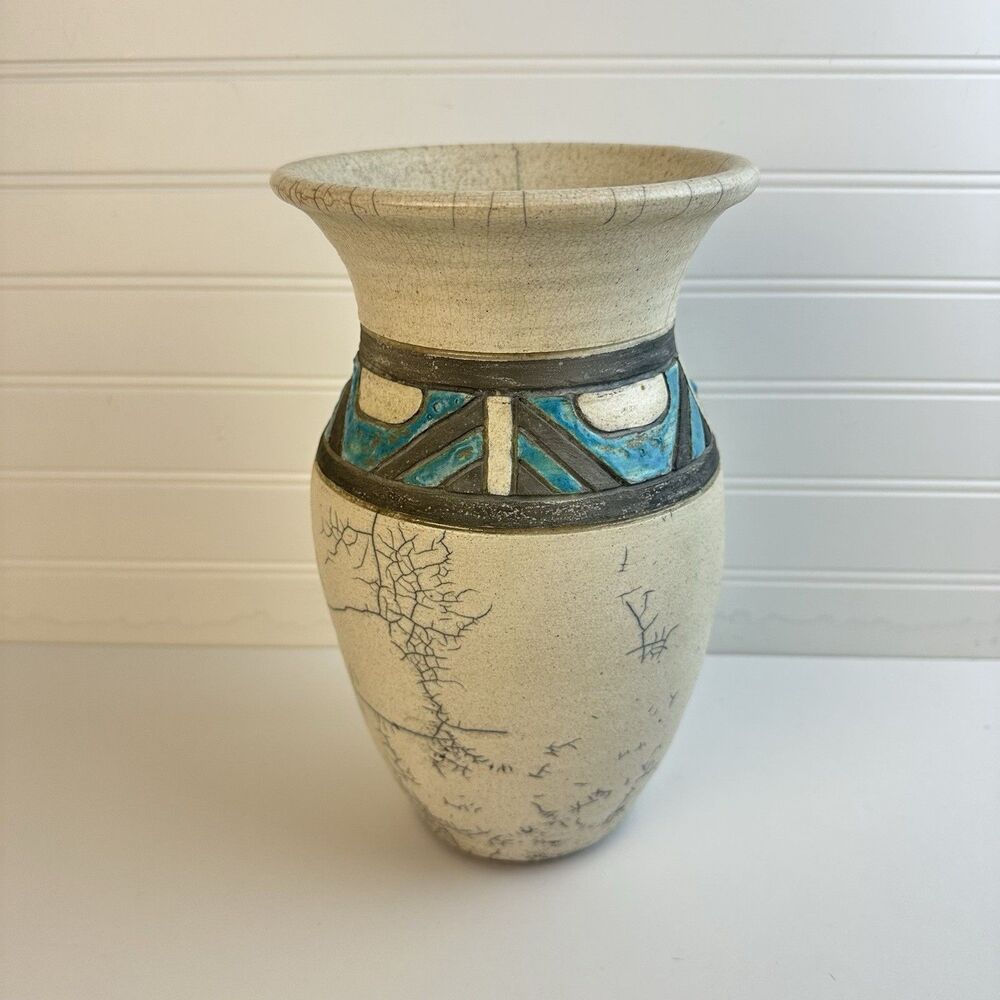 Large Handmade Raku Pottery Vase Cream Crackle Turquoise Geometric Tribal Motif